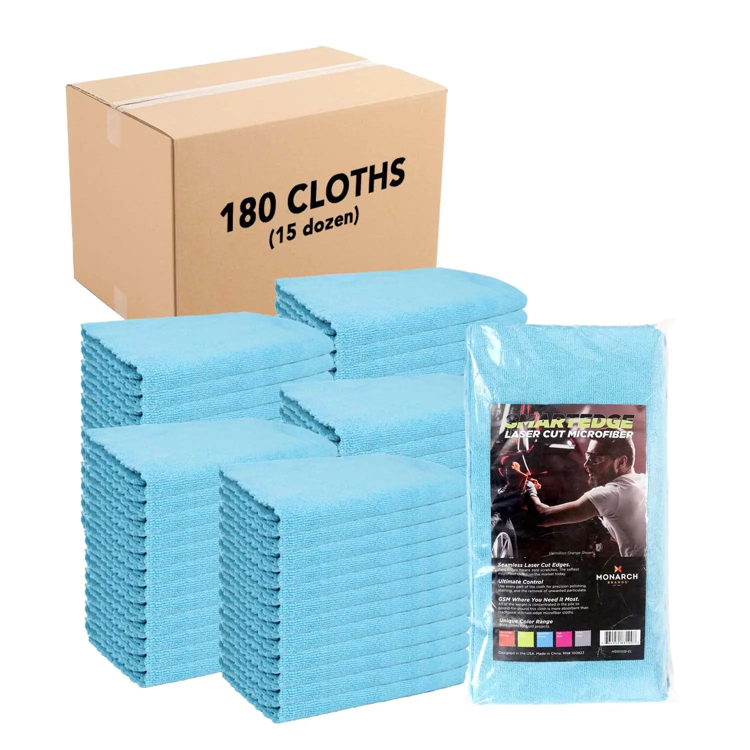 Arkwright SmartEdge Microfiber Cleaning Cloths Bulk - Case of 180 - Thick Edge Less Dish Drying Towel for Car Polishing Washing and Auto Detailing 16 x 16 in Blue